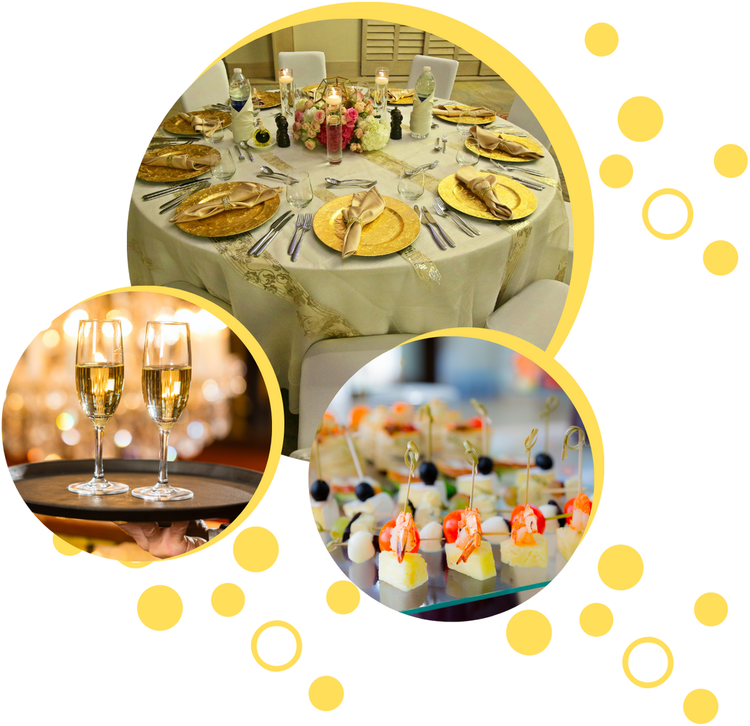 Set table, champagne glasses, hors d'oeuvres.